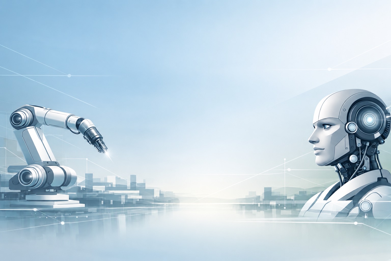 An industrial robot arm facing a humanoid robot across an abstract plant landscape.